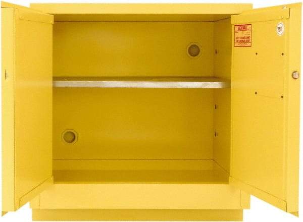 Securall Cabinets - 2 Door, 1 Shelf, Yellow Steel Under the Counter Safety Cabinet for Flammable and Combustible Liquids - 35-9/16" High x 35" Wide x 22" Deep, Manual Closing Door, 3 Point Key Lock, 24 Gal Capacity - Americas Industrial Supply