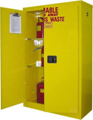 Securall Cabinets - 2 Door, 2 Shelf, Yellow Steel Standard Safety Cabinet for Flammable and Combustible Liquids - 65" High x 43" Wide x 18" Deep, Manual Closing Door, 3 Point Key Lock, 45 Gal Capacity - Americas Industrial Supply