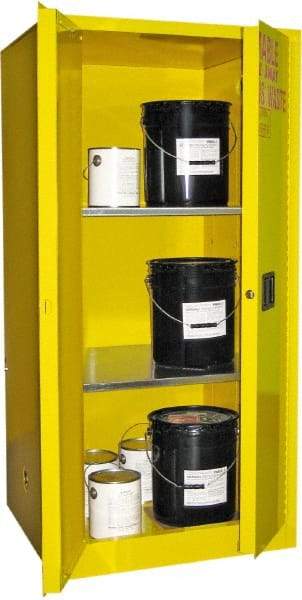 Securall Cabinets - 2 Door, 2 Shelf, Yellow Steel Standard Safety Cabinet for Flammable and Combustible Liquids - 65" High x 31" Wide x 31" Deep, Manual Closing Door, 3 Point Key Lock, 60 Gal Capacity - Americas Industrial Supply