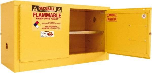 Securall Cabinets - 2 Door, 1 Shelf, Yellow Steel Stackable Safety Cabinet for Flammable and Combustible Liquids - 26" High x 43" Wide x 18" Deep, Self Closing Door, 3 Point Key Lock, 18 Gal Capacity - Americas Industrial Supply