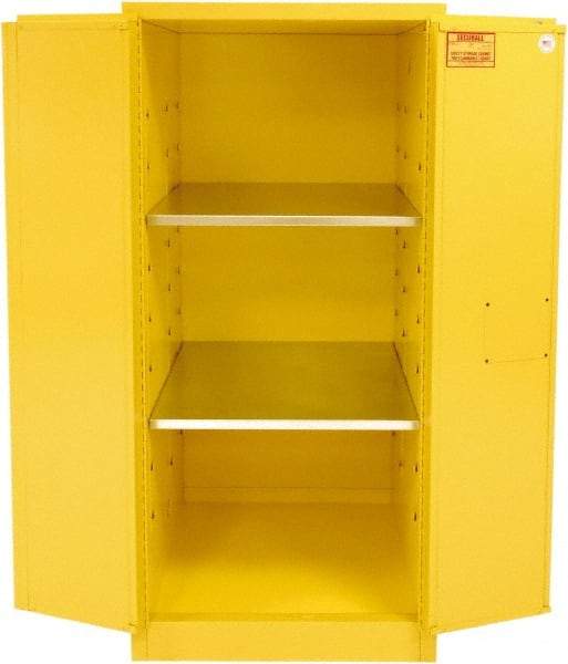 Securall Cabinets - 2 Door, 2 Shelf, Yellow Steel Standard Safety Cabinet for Flammable and Combustible Liquids - 65" High x 31" Wide x 31" Deep, Manual Closing Door, 3 Point Key Lock, 60 Gal Capacity - Americas Industrial Supply