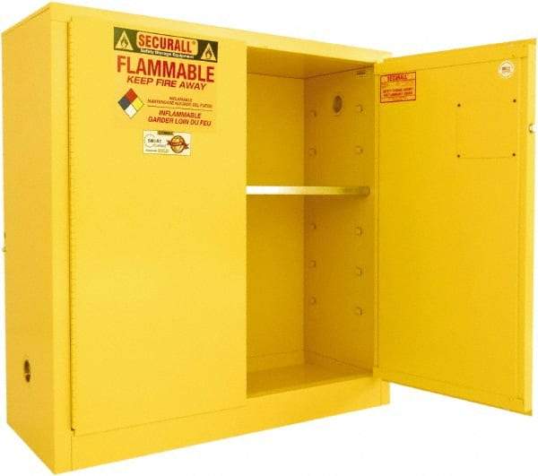 Securall Cabinets - 2 Door, 1 Shelf, Yellow Steel Standard Safety Cabinet for Flammable and Combustible Liquids - 44" High x 43" Wide x 18" Deep, Manual Closing Door, 3 Point Key Lock, 30 Gal Capacity - Americas Industrial Supply