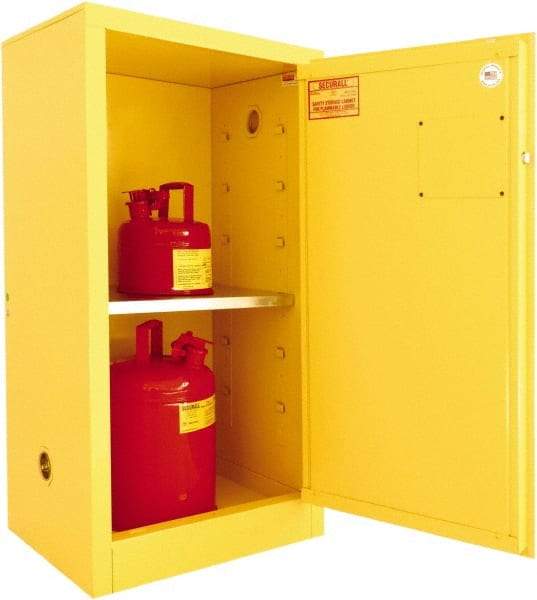 Securall Cabinets - 1 Door, 1 Shelf, Yellow Steel Standard Safety Cabinet for Flammable and Combustible Liquids - 44" High x 23-3/16" Wide x 18" Deep, Manual Closing Door, 3 Point Key Lock, 16 Gal Capacity - Americas Industrial Supply