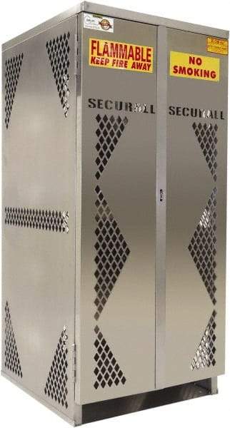 Securall Cabinets - 2 Door, Silver Aluminum Standard Safety Cabinet for Flammable and Combustible Liquids - 65" High x 60" Wide x 32" Deep, Manual Closing Door, Padlockable Hasp, Vertical Cylinder Capacity - Americas Industrial Supply