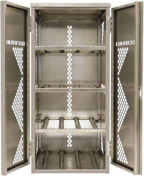 Securall Cabinets - 2 Door, 4 Shelf, Silver Aluminum Standard Safety Cabinet for Flammable and Combustible Liquids - 65" High x 30" Wide x 32" Deep, Manual Closing Door, Padlockable Hasp, 20 or 33 Lb Cylinder Capacity - Americas Industrial Supply