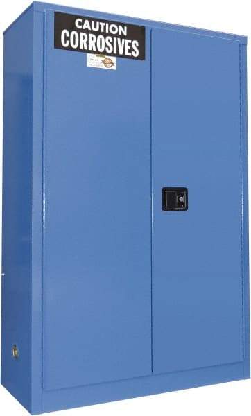 Securall Cabinets - 2 Door, 2 Shelf, Blue Steel Standard Safety Cabinet for Corrosive Chemicals - 65" High x 43" Wide x 18" Deep, Manual Closing Door, 3 Point Key Lock, 45 Gal Capacity - Americas Industrial Supply