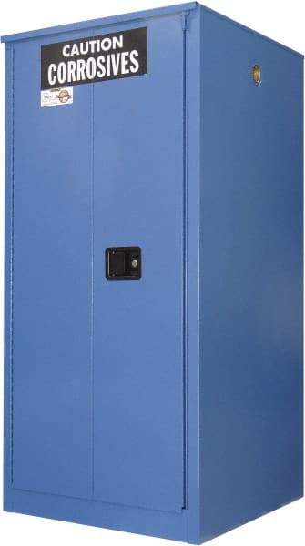 Securall Cabinets - 2 Door, 2 Shelf, Blue Steel Standard Safety Cabinet for Corrosive Chemicals - 65" High x 34" Wide x 34" Deep, Sliding Door, 3 Point Key Lock, 60 Gal Capacity - Americas Industrial Supply