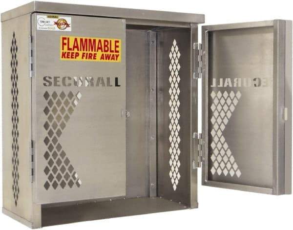 Securall Cabinets - 1 Door, 1 Shelf, Silver Aluminum Standard Safety Cabinet for Flammable and Combustible Liquids - 33" High x 31" Wide x 16" Deep, Manual Closing Door, Padlockable Hasp, 20 or 33 Lb Cylinder Capacity - Americas Industrial Supply