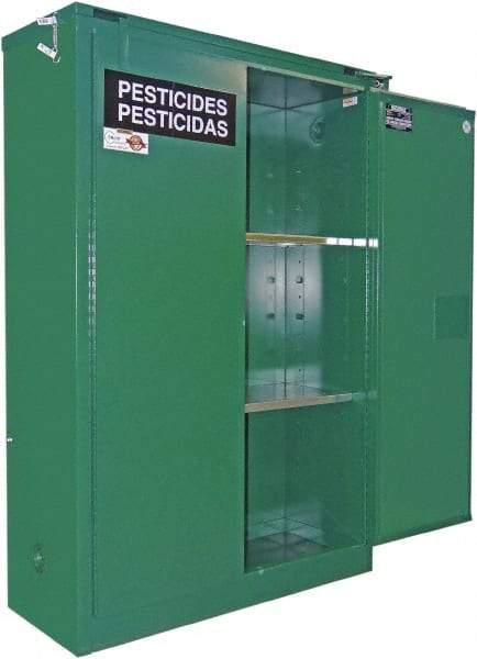 Securall Cabinets - 2 Door, 1 Shelf, Green Steel Standard Safety Cabinet for Flammable and Combustible Liquids - 67" High x 31" Wide x 31" Deep, Self Closing Door, 3 Point Key Lock, 60 Gal Capacity - Americas Industrial Supply