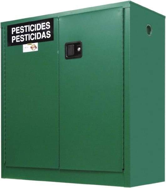 Securall Cabinets - 2 Door, 1 Shelf, Green Steel Standard Safety Cabinet for Flammable and Combustible Liquids - 44" High x 43" Wide x 18" Deep, Manual Closing Door, 3 Point Key Lock, 30 Gal Capacity - Americas Industrial Supply