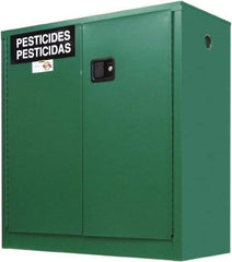 Securall Cabinets - 2 Door, 1 Shelf, Green Steel Standard Safety Cabinet for Flammable and Combustible Liquids - 44" High x 43" Wide x 18" Deep, Manual Closing Door, 3 Point Key Lock, 30 Gal Capacity - Americas Industrial Supply