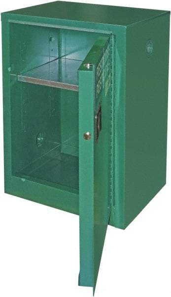 Securall Cabinets - 1 Door, 1 Shelf, Green Steel Standard Safety Cabinet for Flammable and Combustible Liquids - 35" High x 24" Wide x 18" Deep, Manual Closing Door, 3 Point Key Lock, 12 Gal Capacity - Americas Industrial Supply