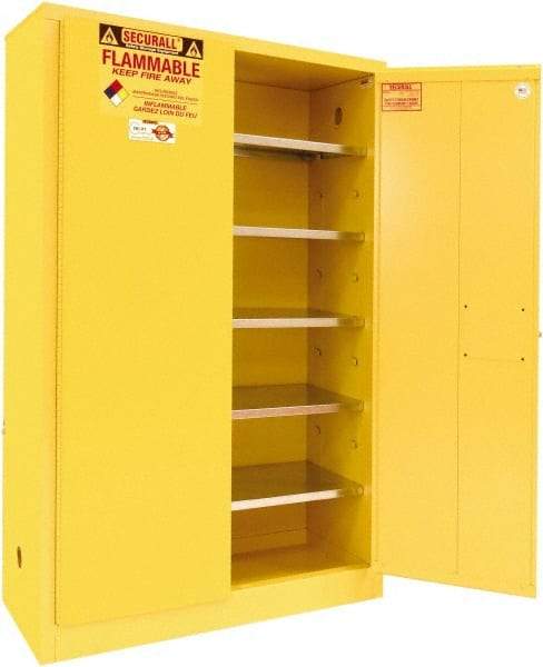 Securall Cabinets - 2 Door, 5 Shelf, Yellow Steel Standard Safety Cabinet for Flammable and Combustible Liquids - 65" High x 43" Wide x 18" Deep, Manual Closing Door, 3 Point Key Lock, 60 Gal Capacity - Americas Industrial Supply