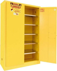 Securall Cabinets - 2 Door, 5 Shelf, Yellow Steel Standard Safety Cabinet for Flammable and Combustible Liquids - 65" High x 43" Wide x 18" Deep, Manual Closing Door, 3 Point Key Lock, 60 Gal Capacity - Americas Industrial Supply