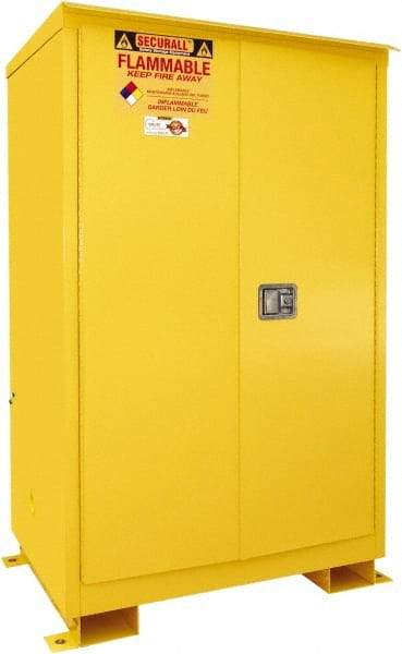 Securall Cabinets - 2 Door, 2 Shelf, Yellow Steel Standard Safety Cabinet for Flammable and Combustible Liquids - 69" High x 43" Wide x 31" Deep, Manual Closing Door, 3 Point Key Lock, 90 Gal Capacity - Americas Industrial Supply