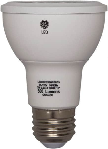 GE Lighting - 7 Watt LED Flood/Spot Medium Screw Lamp - 3,000°K Color Temp, 520 Lumens, 120 Volts, Dimmable, PAR20, 25,000 hr Avg Life - Americas Industrial Supply