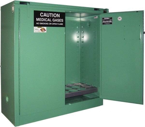 Securall Cabinets - 2 Door, Green Steel Standard Safety Cabinet for Flammable and Combustible Liquids - 46" High x 43" Wide x 18" Deep, Self Closing Door, 3 Point Key Lock, D, E Cylinder Capacity - Americas Industrial Supply