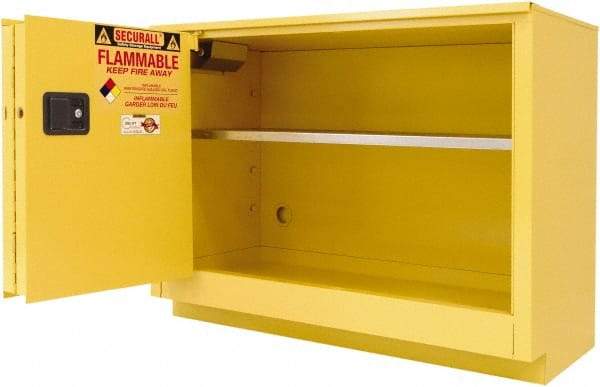 Securall Cabinets - 2 Door, 1 Shelf, Yellow Steel Under the Counter Safety Cabinet for Flammable and Combustible Liquids - 35-5/8" High x 47" Wide x 22" Deep, Sliding Door, 3 Point Key Lock, 36 Gal Capacity - Americas Industrial Supply