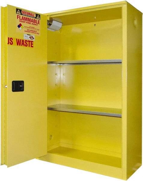 Securall Cabinets - 2 Door, 2 Shelf, Yellow Steel Standard Safety Cabinet for Flammable and Combustible Liquids - 65" High x 43" Wide x 18" Deep, Sliding Door, 3 Point Key Lock, 45 Gal Capacity - Americas Industrial Supply