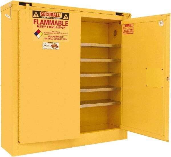 Securall Cabinets - 2 Door, 5 Shelf, Yellow Steel Wall Mount Safety Cabinet for Flammable and Combustible Liquids - 46" High x 43" Wide x 12" Deep, Self Closing Door, 3 Point Key Lock, 24 Gal Capacity - Americas Industrial Supply