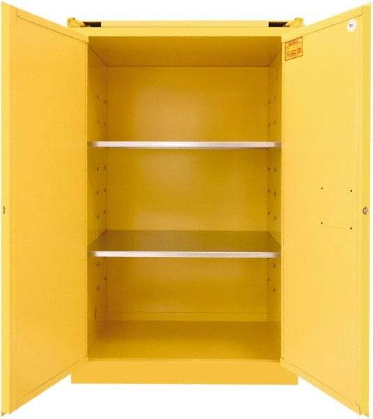 Securall Cabinets - 2 Door, 2 Shelf, Yellow Steel Standard Safety Cabinet for Flammable and Combustible Liquids - 67" High x 43" Wide x 31" Deep, Self Closing Door, 3 Point Key Lock, 90 Gal Capacity - Americas Industrial Supply
