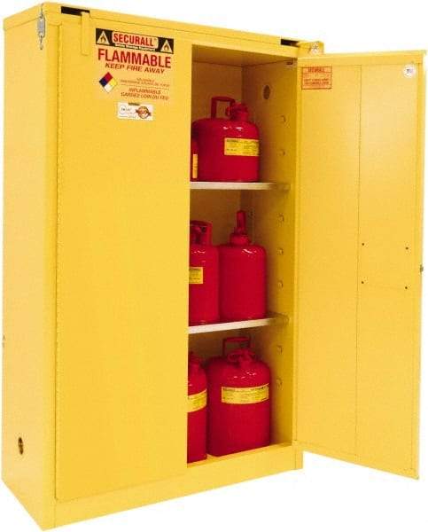 Securall Cabinets - 2 Door, 2 Shelf, Yellow Steel Standard Safety Cabinet for Flammable and Combustible Liquids - 67" High x 43" Wide x 18" Deep, Self Closing Door, 3 Point Key Lock, 45 Gal Capacity - Americas Industrial Supply