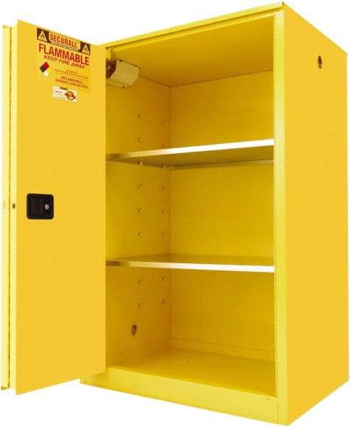 Securall Cabinets - 2 Door, 2 Shelf, Yellow Steel Standard Safety Cabinet for Flammable and Combustible Liquids - 65" High x 43" Wide x 31" Deep, Sliding Door, 3 Point Key Lock, 90 Gal Capacity - Americas Industrial Supply