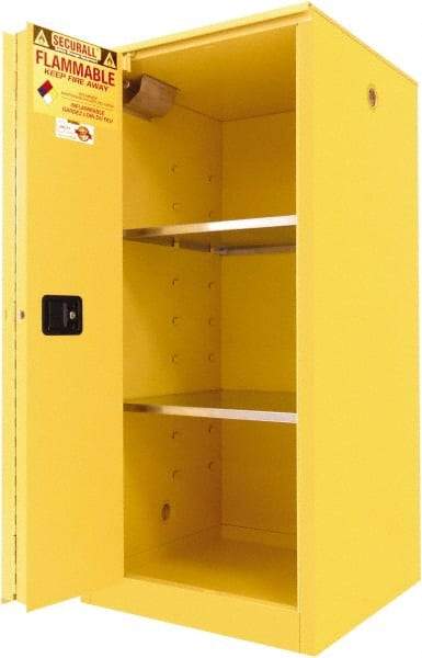 Securall Cabinets - 2 Door, 2 Shelf, Yellow Steel Standard Safety Cabinet for Flammable and Combustible Liquids - 65" High x 31" Wide x 31" Deep, Sliding Door, 3 Point Key Lock, 60 Gal Capacity - Americas Industrial Supply