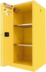 Securall Cabinets - 2 Door, 2 Shelf, Yellow Steel Standard Safety Cabinet for Flammable and Combustible Liquids - 65" High x 31" Wide x 31" Deep, Sliding Door, 3 Point Key Lock, 60 Gal Capacity - Americas Industrial Supply