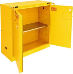 Securall Cabinets - 2 Door, 1 Shelf, Yellow Steel Standard Safety Cabinet for Flammable and Combustible Liquids - 46" High x 43" Wide x 18" Deep, Self Closing Door, 3 Point Key Lock, 30 Gal Capacity - Americas Industrial Supply
