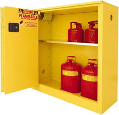 Securall Cabinets - 2 Door, 1 Shelf, Yellow Steel Standard Safety Cabinet for Flammable and Combustible Liquids - 44" High x 43" Wide x 18" Deep, Sliding Door, 3 Point Key Lock, 30 Gal Capacity - Americas Industrial Supply