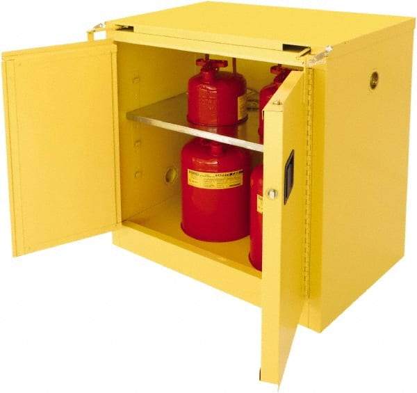 Securall Cabinets - 2 Door, 1 Shelf, Yellow Steel Standard Safety Cabinet for Flammable and Combustible Liquids - 37" High x 36" Wide x 24" Deep, Self Closing Door, 3 Point Key Lock, 30 Gal Capacity - Americas Industrial Supply