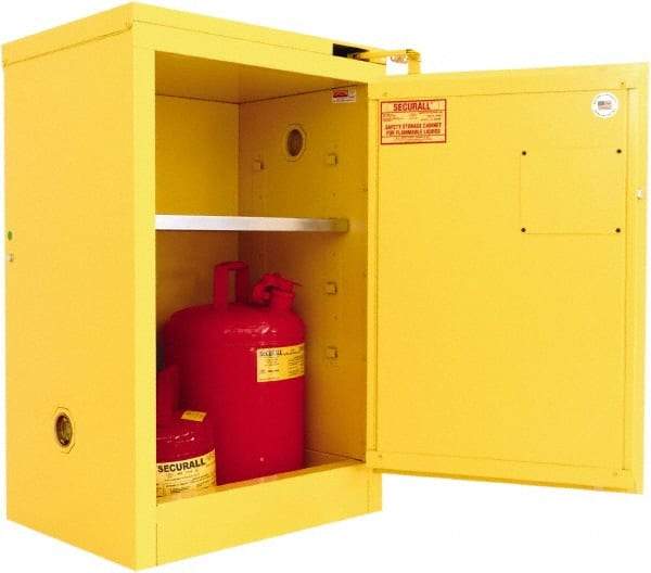 Securall Cabinets - 1 Door, 1 Shelf, Yellow Steel Standard Safety Cabinet for Flammable and Combustible Liquids - 37" High x 24" Wide x 18" Deep, Self Closing Door, 3 Point Key Lock, 12 Gal Capacity - Americas Industrial Supply