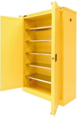 Securall Cabinets - 2 Door, 5 Shelf, Yellow Steel Standard Safety Cabinet for Flammable and Combustible Liquids - 67" High x 43" Wide x 18" Deep, Sliding Door, 3 Point Key Lock, 60 Gal Capacity - Americas Industrial Supply