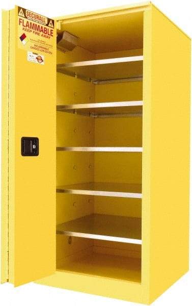 Securall Cabinets - 2 Door, 5 Shelf, Yellow Steel Standard Safety Cabinet for Flammable and Combustible Liquids - 65" High x 31" Wide x 31" Deep, Sliding Door, 3 Point Key Lock, 120 Gal Capacity - Americas Industrial Supply