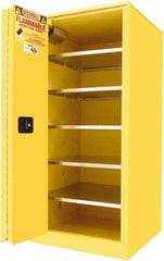 Securall Cabinets - 2 Door, 5 Shelf, Yellow Steel Standard Safety Cabinet for Flammable and Combustible Liquids - 65" High x 31" Wide x 31" Deep, Sliding Door, 3 Point Key Lock, 120 Gal Capacity - Americas Industrial Supply