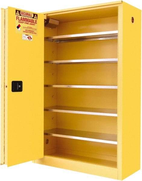 Securall Cabinets - 2 Door, 5 Shelf, Yellow Steel Standard Safety Cabinet for Flammable and Combustible Liquids - 65" High x 43" Wide x 18" Deep, Sliding Door, 3 Point Key Lock, 60 Gal Capacity - Americas Industrial Supply