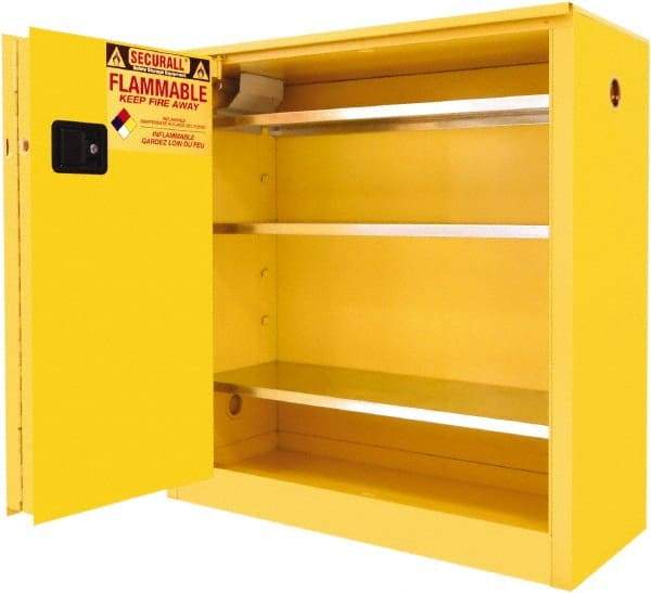 Securall Cabinets - 2 Door, 3 Shelf, Yellow Steel Standard Safety Cabinet for Flammable and Combustible Liquids - 44" High x 43" Wide x 18" Deep, Sliding Door, 3 Point Key Lock, 40 Gal Capacity - Americas Industrial Supply