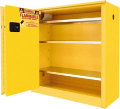 Securall Cabinets - 2 Door, 3 Shelf, Yellow Steel Standard Safety Cabinet for Flammable and Combustible Liquids - 44" High x 43" Wide x 18" Deep, Sliding Door, 3 Point Key Lock, 40 Gal Capacity - Americas Industrial Supply