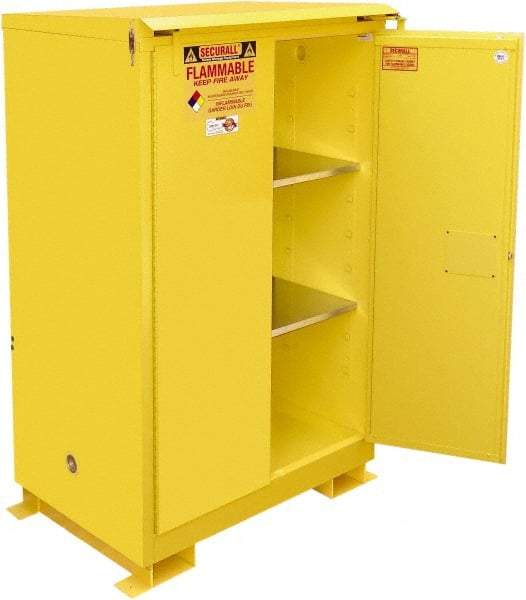 Securall Cabinets - 2 Door, 2 Shelf, Yellow Steel Standard Safety Cabinet for Flammable and Combustible Liquids - 71" High x 43" Wide x 31" Deep, Self Closing Door, 3 Point Key Lock, 90 Gal Capacity - Americas Industrial Supply