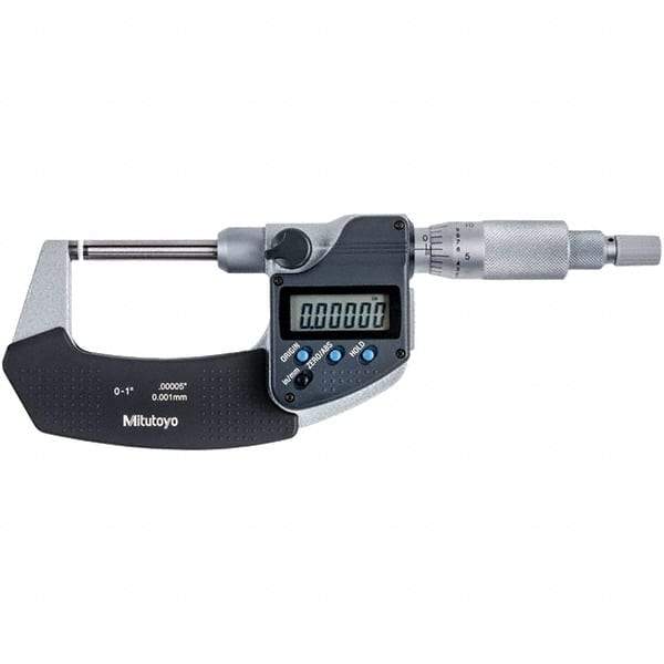 Mitutoyo - 0 to 1" Range, 0.00005" Resolution, Non-Rotating Throat Electronic Outside Micrometer - 0.00015" Accuracy, Ratchet Stop Thimble, Carbide-Tipped Face, SR44 Battery - Americas Industrial Supply