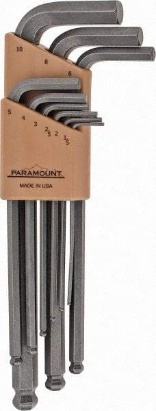 Paramount - 9 Piece L-Key Ball End Hex Key Set - Hex Range 1.5 to 10mm, 7-1/4" OAL, Steel - Americas Industrial Supply