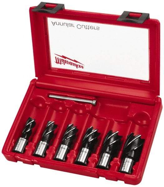 Milwaukee Tool - 6 Piece, 9/16 to 1-1/16" Cutter Diam, 1" Cutting Depth, Steel Annular Cutter Set - Bright Finish, 3/4" Shank Diam, 9/16, 5/8, 11/16, 13/16, 15/16, 1-1/16" Cutter Diams, 2 Flats on Shank - Americas Industrial Supply