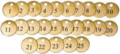 Value Collection - 1-1/2" High x 1-1/2" Long, 1 to 25, English Safety & Facility Numbered Tag - 1 Side, Brass - Americas Industrial Supply