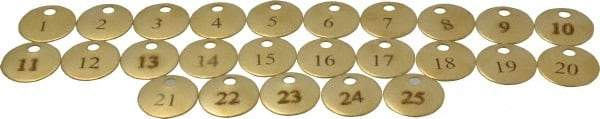 Value Collection - 1" High x 1" Long, 1 to 25, English Safety & Facility Numbered Tag - 1 Side, Brass - Americas Industrial Supply