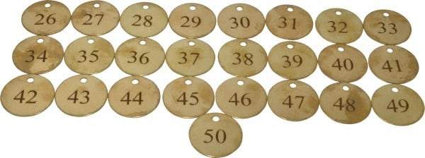 Value Collection - 1-1/2" High x 1-1/2" Long, 26 to 50, English Safety & Facility Numbered Tag - 1 Side, Brass - Americas Industrial Supply
