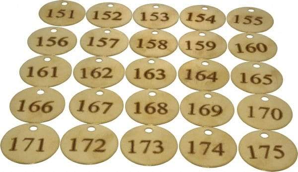 Value Collection - 1-1/2" High x 1-1/2" Long, 151 to 175, English Safety & Facility Numbered Tag - 1 Side, Brass - Americas Industrial Supply
