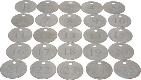 Value Collection - 1-1/4" High x 1-1/4" Long, 1 to 25, English Safety & Facility Numbered Tag - 1 Side, Aluminum - Americas Industrial Supply