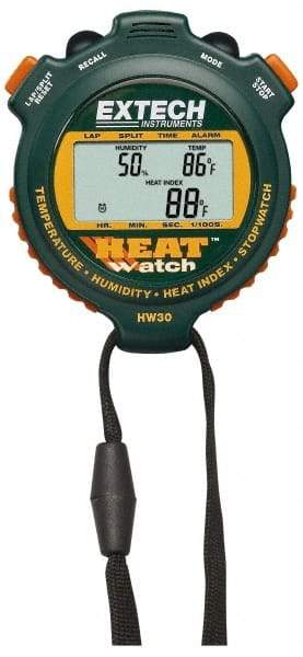 Extech - Digital Thermometer Stopwatch Clock - 8 Functions, 1/100 Sec Resolution, Green - Americas Industrial Supply