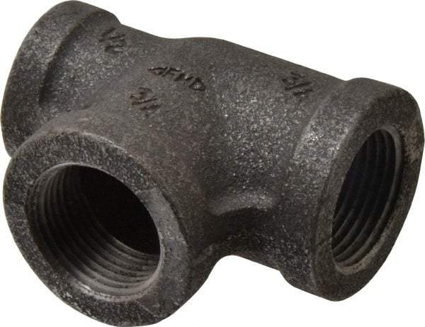 Made in USA - Size 3/4 x 1/2 x 3/4", Class 150, Malleable Iron Black Pipe Reducing Tee - 150 psi, Threaded End Connection - Americas Industrial Supply